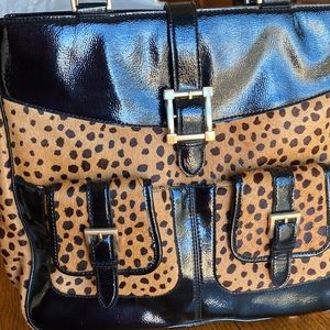 Talbots BIG Shiny Black leather & cheetah 🐆 print fur. Laptop 💻 Tablet Book